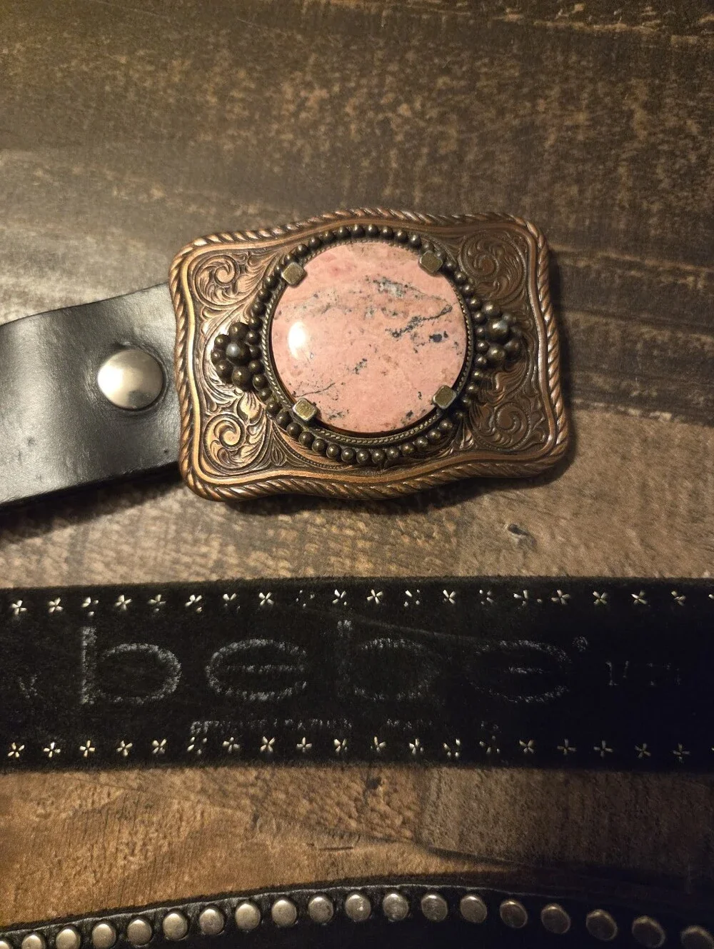 Vintage Y2K Genuine Leather Studded BEBE Belt Western Pink Rhodonite Buckle M/L